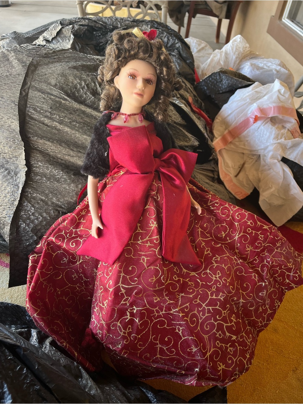 Red Porcelain Fashion Doll in Elegant Gold-Accent Gown